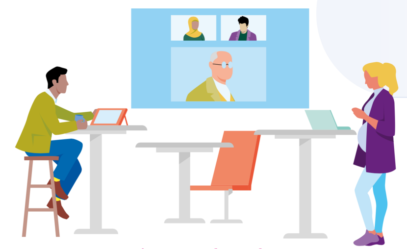 illustratieve afbeelding met mensen op het werk, in een hybride vergadering.