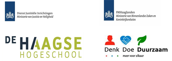 Logo's deelnemende organisaties aan Denk groot, Doe klein en duurzaam op 22 juni 2022. Dit zijn de Dienst Justitiële Inrichtingen, de Haagse Hogelschool, FM Haaglanden en het programma Denk Doe Duurzaam