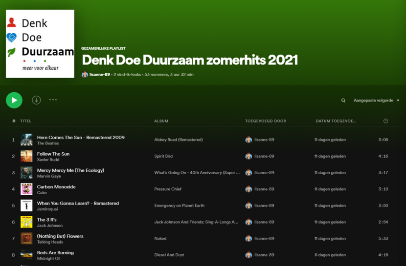 Screenshot van de Spotify-playlist waarin hits van The Beatles, Xavier Rudd, Marvin Gaye, Cake, Jamiroquai, Jck Johnson, Talking Heads en Midnight Oil te zien zijn.